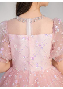 robe cérémonie petite fille tulle rose pâle à sequins motifs floraux