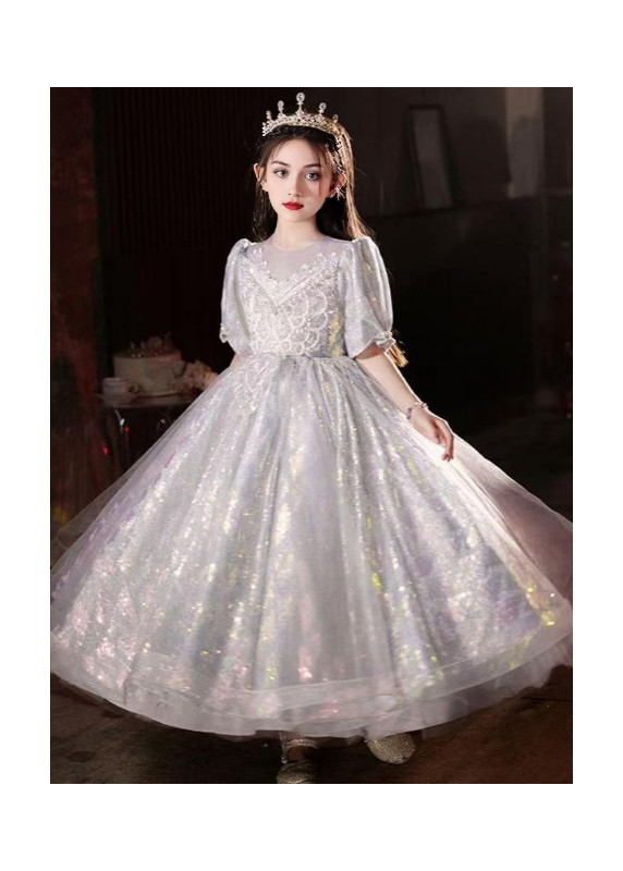 robe soirée enfant en tulle argenté parsemé de paillettes orné de broderies florales