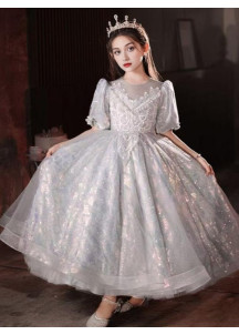 robe soirée enfant en tulle argenté parsemé de paillettes orné de broderies florales