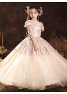 robe soirée enfant en tulle champagne ornée de broderies florales multicolores et de sequins