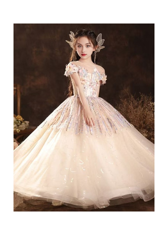 robe soirée enfant en tulle champagne ornée de broderies florales multicolores et de sequins