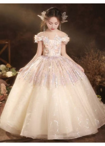 robe soirée enfant en tulle champagne ornée de broderies florales multicolores et de sequins