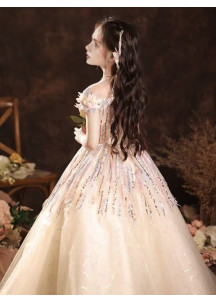 robe soirée enfant en tulle champagne ornée de broderies florales multicolores et de sequins