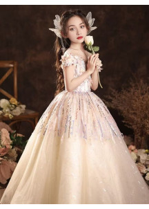 robe soirée enfant en tulle champagne ornée de broderies florales multicolores et de sequins