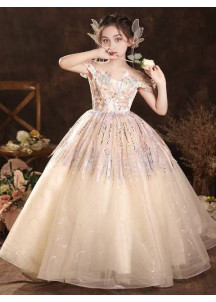 robe soirée enfant en tulle champagne ornée de broderies florales multicolores et de sequins