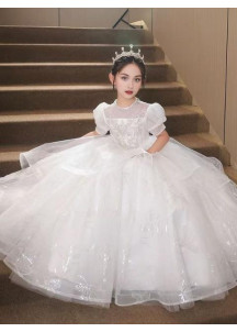 White Tulle Wedding Dress for Girls with Silver Floral Embroidery and Fine Pearls