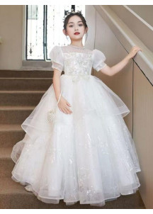 White Tulle Wedding Dress for Girls with Silver Floral Embroidery and Fine Pearls