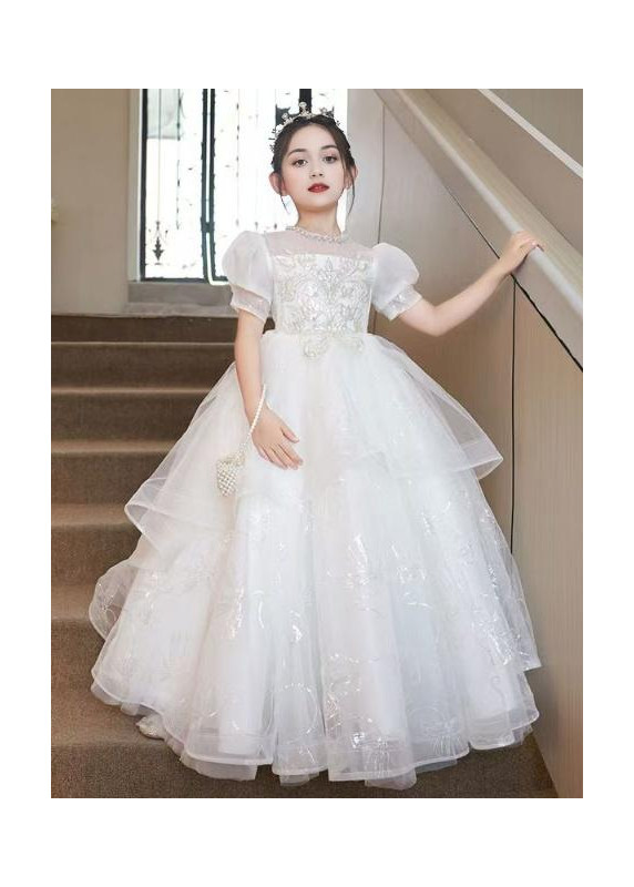 White Tulle Wedding Dress for Girls with Silver Floral Embroidery and Fine Pearls