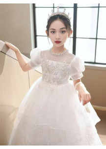 White Tulle Wedding Dress for Girls with Silver Floral Embroidery and Fine Pearls