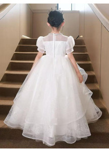 White Tulle Wedding Dress for Girls with Silver Floral Embroidery and Fine Pearls