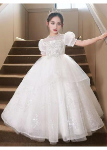 White Tulle Wedding Dress for Girls with Silver Floral Embroidery and Fine Pearls