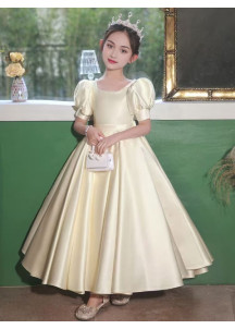 Long Champagne Satin Flower Girl Dress with Short Puffed Sleeves