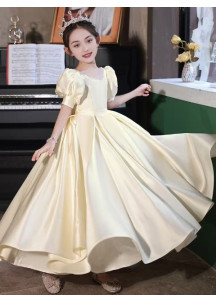 Long Champagne Satin Flower Girl Dress with Short Puffed Sleeves