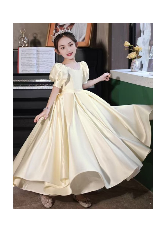 Long Champagne Satin Flower Girl Dress with Short Puffed Sleeves