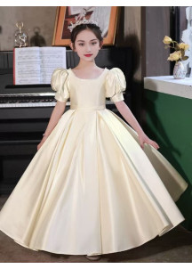 Long Champagne Satin Flower Girl Dress with Short Puffed Sleeves