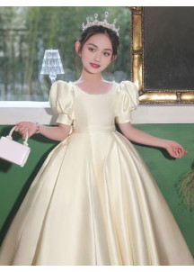 Long Champagne Satin Flower Girl Dress with Short Puffed Sleeves