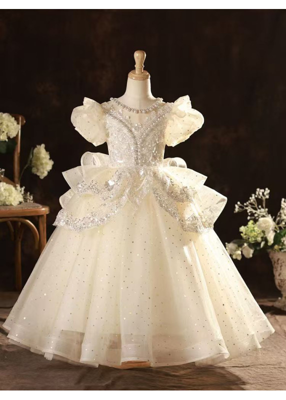 robe fille mariage en tulle champagne brodé de perles et jupe drapé asymétrique