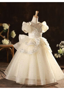 robe fille mariage en tulle champagne brodé de perles et jupe drapé asymétrique