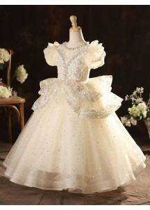 robe fille mariage en tulle champagne brodé de perles et jupe drapé asymétrique