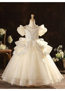 Champagne Tulle Wedding Dress for Girls with Pearl Embroidery and Asymmetrical Draped Skirt