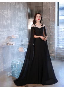 Black evening gown in chiffon with train