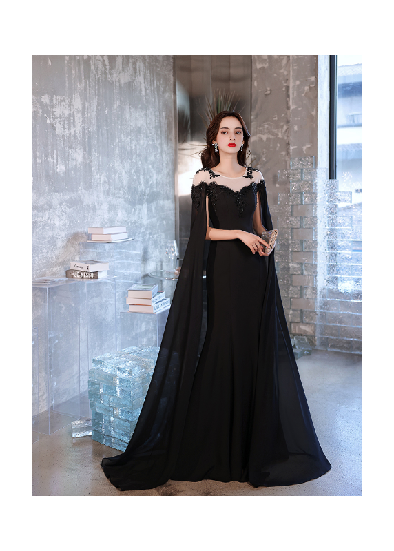 Black evening gown in chiffon with train