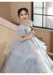 robe fille mariage en tulle bleu clair scintillant avec jupe à volants superposés