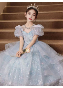 robe fille mariage en tulle bleu clair scintillant avec jupe à volants superposés