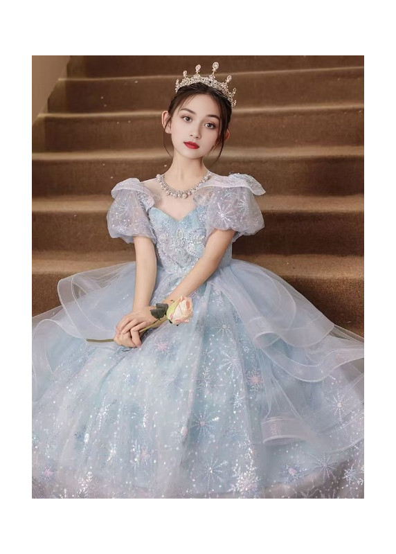 Fairy Tale Bridesmaid Dress Sparkling Pale Blue Tulle with Layered Ruffles