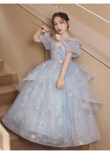 robe fille mariage en tulle bleu clair scintillant avec jupe à volants superposés