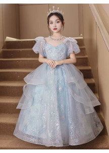 Fairy Tale Bridesmaid Dress Sparkling Pale Blue Tulle with Layered Ruffles