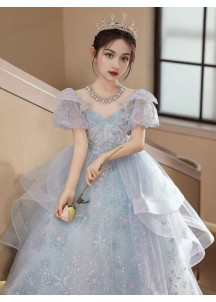 robe fille mariage en tulle bleu clair scintillant avec jupe à volants superposés