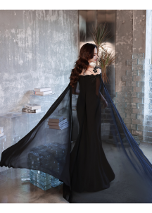 Black evening gown in chiffon with train