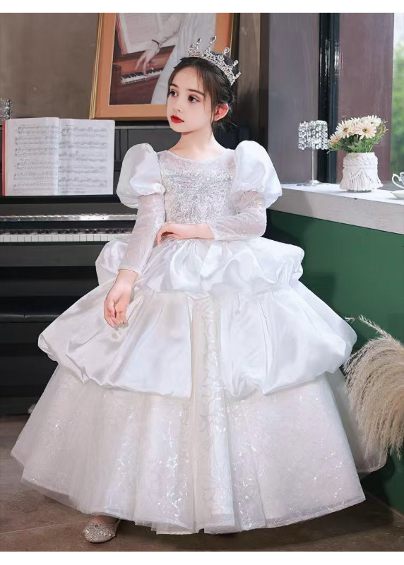 White Wedding Flower Girl Dress with Multi-Layered Tulle Skirt