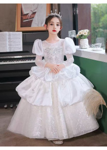 White Wedding Flower Girl Dress with Multi-Layered Tulle Skirt