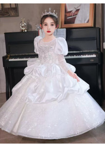 White Wedding Flower Girl Dress with Multi-Layered Tulle Skirt