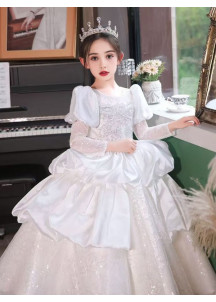 White Wedding Flower Girl Dress with Multi-Layered Tulle Skirt