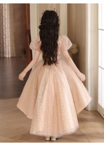 robe de cérémonie pour fillette en tulle champagne scintillant coupe asymétrique