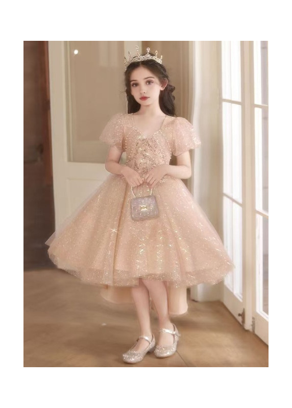 robe de cérémonie pour fillette en tulle champagne scintillant coupe asymétrique