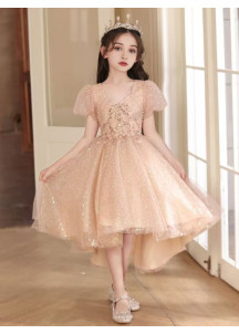 robe de cérémonie pour fillette en tulle champagne scintillant coupe asymétrique