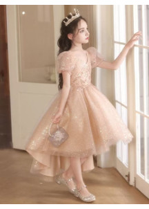 robe de cérémonie pour fillette en tulle champagne scintillant coupe asymétrique