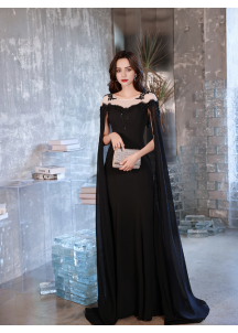 Black evening gown in chiffon with train