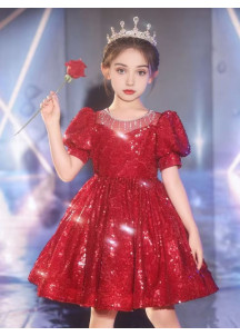 robe de cérémonie pour fillette courte à sequins rouges étincelants