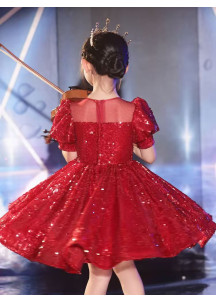 robe de cérémonie pour fillette courte à sequins rouges étincelants