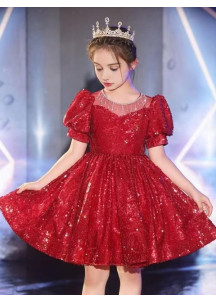 robe de cérémonie pour fillette courte à sequins rouges étincelants