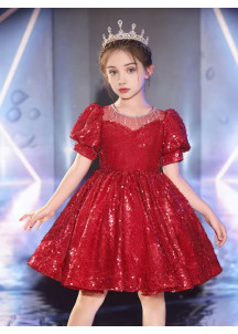 robe de cérémonie pour fillette courte à sequins rouges étincelants