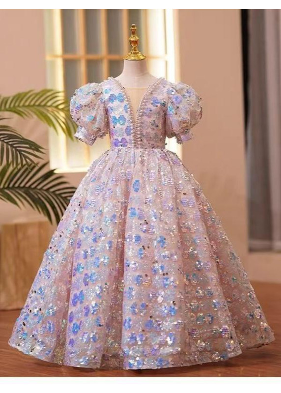 robe de cérémonie pour fillette rose recouverte de sequins floraux avec col V