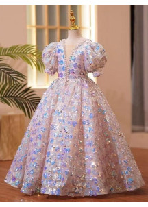 robe de cérémonie pour fillette rose recouverte de sequins floraux avec col V