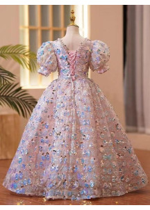 robe de cérémonie pour fillette rose recouverte de sequins floraux avec col V