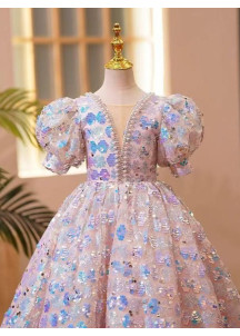 robe de cérémonie pour fillette rose recouverte de sequins floraux avec col V